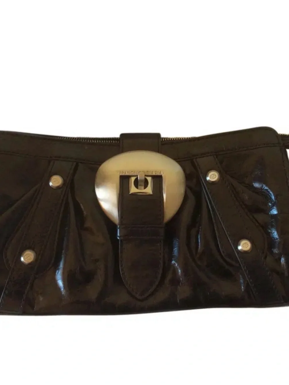 Francesco Biasia Black Patent Leather Clutch with silver -Tone Oval Lock